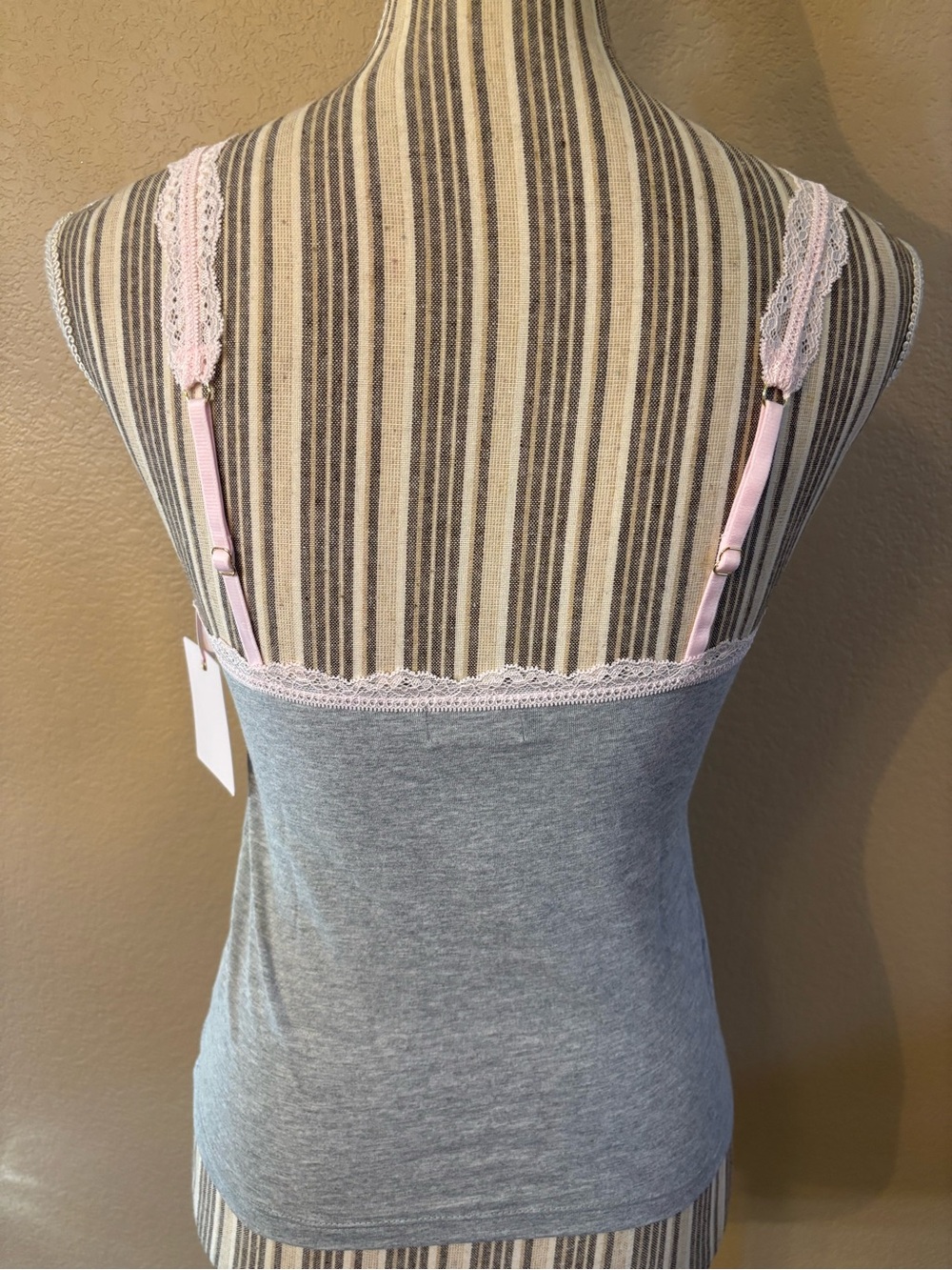 NWT LoveShackFancy X VS PINK Cami Medium Gray Pink Bow Lace Trim Tank Cotton NEW - Picture 8 of 16